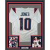 Framed Autographed/Signed Mac Jones 35x39 New England White Football Jersey Beckett BAS COA