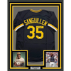 Framed Autographed/Signed Manny Sanguillen 35x39 Pittsburgh Black Baseball Jersey JSA COA by Hall of Fame Sports Memorabilia