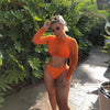 Neon Yellow Crop Top Swimwear Women Summer 3 Pieces Swimsuit Bikini Sets With Sheer Crop Top Cover Up Beachwear Mesh Long Sleeve Cover Ups Top Three Piece Swimsuit Bikini Set by Stevvex