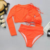 Neon Yellow Crop Top Swimwear Women Summer 3 Pieces Swimsuit Bikini Sets With Sheer Crop Top Cover Up Beachwear Mesh Long Sleeve Cover Ups Top Three Piece Swimsuit Bikini Set by Stevvex