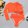 Neon Yellow Crop Top Swimwear Women Summer 3 Pieces Swimsuit Bikini Sets With Sheer Crop Top Cover Up Beachwear Mesh Long Sleeve Cover Ups Top Three Piece Swimsuit Bikini Set by Stevvex