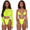 Neon Yellow Crop Top Swimwear Women Summer 3 Pieces Swimsuit Bikini Sets With Sheer Crop Top Cover Up Beachwear Mesh Long Sleeve Cover Ups Top Three Piece Swimsuit Bikini Set by Stevvex