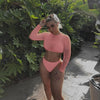 Neon Yellow Crop Top Swimwear Women Summer 3 Pieces Swimsuit Bikini Sets With Sheer Crop Top Cover Up Beachwear Mesh Long Sleeve Cover Ups Top Three Piece Swimsuit Bikini Set by Stevvex