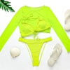 Neon Yellow Crop Top Swimwear Women Summer 3 Pieces Swimsuit Bikini Sets With Sheer Crop Top Cover Up Beachwear Mesh Long Sleeve Cover Ups Top Three Piece Swimsuit Bikini Set by Stevvex