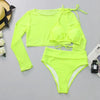 Neon Yellow Crop Top Swimwear Women Summer 3 Pieces Swimsuit Bikini Sets With Sheer Crop Top Cover Up Beachwear Mesh Long Sleeve Cover Ups Top Three Piece Swimsuit Bikini Set by Stevvex