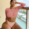 Neon Yellow Crop Top Swimwear Women Summer 3 Pieces Swimsuit Bikini Sets With Sheer Crop Top Cover Up Beachwear Mesh Long Sleeve Cover Ups Top Three Piece Swimsuit Bikini Set by Stevvex