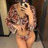 New Bikini Bikini Swimsuit For Women 3 Pieces Set Knot Front Off Shoulder Cover Up with Halter Bikini Sets Bathing Suit Women Swimwear Female Swimsuit Three-pieces Bikini set Halter Bather Bathing Suit Swim Beach Lady by Stevvex