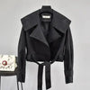 New Elegance Autumn Women's Pu Leather Jackets Short Coat Turndown Collar Belt Lace-up Motorcycle Black Punk Red Overcoat Female Outwear by Stevvex