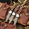 Handmade Damascus Folding Knife with Checker Pattern Wood Handle (Red, Green, Blue) with Leather Sheath by JW SteelCrafts
