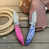 Persian Damascus Folding Knife Set 7” opened Pink & Blue Pakka Wood EDC Blades by JW SteelCrafts