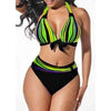 Plus Size Neon Striped Bikini Set Push Up Women High Waist Bikini Set Halter Two Piece Bathing Suits Crisscross Tummy Control Swimsuit Push Up Swimwear Women High Waist Halter Beach Swimwear Retro Bathing Suit Swimming Suit by Stevvex