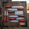 Damascus Kitchen Knife Set of 8, Hand-Forged with Red Pakka Handles by JW SteelCrafts