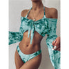 New Bikini Bikini Swimsuit For Women 3 Pieces Set Knot Front Off Shoulder Cover Up with Halter Bikini Sets Bathing Suit Women Swimwear Female Swimsuit Three-pieces Bikini set Halter Bather Bathing Suit Swim Beach Lady by Stevvex