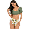 Bikini New 2 Piece Women Swimsuit Women's High Waist Bikini Set Fashion Puff Sleeve Swimwear Set Bathing Suits Solid Color Short Puff Sleeve Summer High Waist Cut Backless Bathing Suit Beachwear by Stevvex
