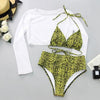 Neon Yellow Crop Top Swimwear Women Summer 3 Pieces Swimsuit Bikini Sets With Sheer Crop Top Cover Up Beachwear Mesh Long Sleeve Cover Ups Top Three Piece Swimsuit Bikini Set by Stevvex