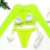 Neon Yellow Crop Top Swimwear Women Summer 3 Pieces Swimsuit Bikini Sets With Sheer Crop Top Cover Up Beachwear Mesh Long Sleeve Cover Ups Top Three Piece Swimsuit Bikini Set by Stevvex
