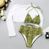 Neon Yellow Crop Top Swimwear Women Summer 3 Pieces Swimsuit Bikini Sets With Sheer Crop Top Cover Up Beachwear Mesh Long Sleeve Cover Ups Top Three Piece Swimsuit Bikini Set by Stevvex