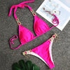 Luxury Purple Halter Crystal Diamond Bikini Female Swimsuit Women Swimwear Rhinestone Bikini Set Bathing Suit Women's Swimwear Rhinestone Halter Low Waist Tie Side Bikini Set 2 Pieces Crystal Diamond Swimsuit by Stevvex