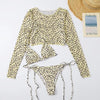 Leopard Print 3 Piece Set Long Sleeves Swimsuit 3 Piece Swimsuit Set Halter High Waist Bathing Suit With Long Sleeve Swimwear Cover Up Women's Swimming Bikini Low Waist Swimwear Women Bathing Suit by Stevvex