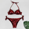 Halter Bikini Bandage Swimsuit Solid Swimwear Sport Liquid Metallic Shiny String Bikini 2 Piece Swimsuit Set Women Shiny Bikini Set Bathing Suit Push Up Two-piece Suit by Stevvex