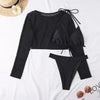 Neon Yellow Crop Top Swimwear Women Summer 3 Pieces Swimsuit Bikini Sets With Sheer Crop Top Cover Up Beachwear Mesh Long Sleeve Cover Ups Top Three Piece Swimsuit Bikini Set by Stevvex