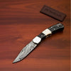 Handmade Damascus Folding Pocket Knife – Engraved & Plain Handle Variants | Leather Sheath Included by JW SteelCrafts
