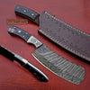 10-Inch Forged Damascus Nakiri Chopper — Ladder Pattern Blade, Engraved Damascus Bolster, Black Resin Handle & Tooled Leather Sheath by JW SteelCrafts