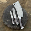 3-Piece High Carbon Steel Kitchen Knife Set — Cleaver, Chef & Paring Knife with Dark Rosewood Handles & Leather Sheaths by JW SteelCrafts