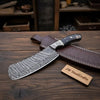 10-Inch Forged Damascus Nakiri Chopper — Ladder Pattern Blade, Engraved Damascus Bolster, Black Resin Handle & Tooled Leather Sheath by JW SteelCrafts