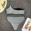 Shiny Glitter Sparkling High Waist Bikini Female Swimsuit Women's Bikini One Shoulder Top With High Waist Bottom Two Piece Swimsuits Women Swimwear Two-pieces Bikini Set One Shoulder Bathing Suit by Stevvex