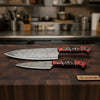 Damascus Gyuto & Petty Knife Pair — 13 & 8 Inch Blades with Red Pakka Wood & Rosewood Handles and Mosaic Pins | JW Steel Crafts by JW SteelCrafts