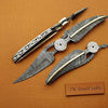 Damascus Steel Folding Knife with Sculpted Feather Handle & Brass Inlay | Handcrafted EDC Pocket Knife by JW SteelCrafts