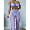 Solid bikini Mesh 3 Pieces Set Swimsuit 3 Pieces Swimsuit Solid Padded Swimwear with Maxi Wrap Skirt Beach Vacation Swim Bath Wear Women Elegant Swimwear Female Ruffle Swimming Suit Sports Bathing Suit by Stevvex