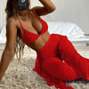 Solid bikini Mesh 3 Pieces Set Swimsuit 3 Pieces Swimsuit Solid Padded Swimwear with Maxi Wrap Skirt Beach Vacation Swim Bath Wear Women Elegant Swimwear Female Ruffle Swimming Suit Sports Bathing Suit by Stevvex