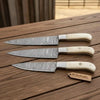 3-Piece Damascus Steak Knife with Twisted Damascus Blades, Camel Bone Handles, Steel Bolster, Mosaic Pin & Full Tang by JW SteelCrafts