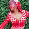Unique Design Velvet Heart Print Cropped Top Bomber Jacket For Women Autumn Cute Pink Long Sleeve Coats Zipper Winter Overcoat by Stevvex