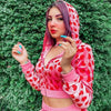 Unique Design Velvet Heart Print Cropped Top Bomber Jacket For Women Autumn Cute Pink Long Sleeve Coats Zipper Winter Overcoat by Stevvex