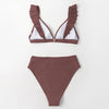 V-neck Ruffled High-waist Bikini Sets Swimsuit Womens Ruffle Flounce Triangle Bathing Suits Cute Two Piece Swimsuits Women Solid Brown Two Pieces Swimwear New Beach Bathing Suits by Stevvex