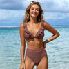 V-neck Ruffled High-waist Bikini Sets Swimsuit Womens Ruffle Flounce Triangle Bathing Suits Cute Two Piece Swimsuits Women Solid Brown Two Pieces Swimwear New Beach Bathing Suits by Stevvex