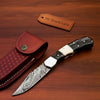 Handmade Damascus Folding Pocket Knife – Engraved & Plain Handle Variants | Leather Sheath Included by JW SteelCrafts