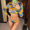 Vintage Halter Printed Leopard Bikini Female Lace Up Bottom Swimsuit Women Swimwear Long Sleeve Bathing Suits Leopard Print Swimsuit Three-pieces Bikini Set Long Sleeve Bathing Suit Cute Swimwear by Stevvex