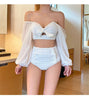 White High Waist Bikini Women Solid Swimwear Cover Up Swimsuit Sheer Mesh Tie Crop Top Bikini Sets Lace Long Sleeve Bikini Off Shoulder Swimsuit Push Up Mesh Pad Bathing Suit by Stevvex