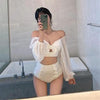 White High Waist Bikini Women Solid Swimwear Cover Up Swimsuit Sheer Mesh Tie Crop Top Bikini Sets Lace Long Sleeve Bikini Off Shoulder Swimsuit Push Up Mesh Pad Bathing Suit by Stevvex