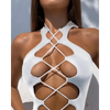White One Piece Women Fashion Lace-up Plunge Swimsuit Sleeveless Solid Swimwear For Girls by Stevvex