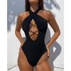 White One Piece Women Fashion Lace-up Plunge Swimsuit Sleeveless Solid Swimwear For Girls by Stevvex