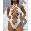 White One Piece Women Fashion Lace-up Plunge Swimsuit Sleeveless Solid Swimwear For Girls by Stevvex