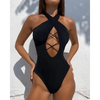 White One Piece Women Fashion Lace-up Plunge Swimsuit Sleeveless Solid Swimwear For Girls by Stevvex