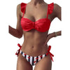 Women 2Pcs Summer Beach Bathing Suit Bowknot Ruffle Sleeve Crop Tops Striped Print Swimsuit Bikini Sets 2 Piece Ruffled V Neck Bathing Suits Summer Swimwear by Stevvex