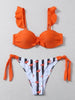 Women 2Pcs Summer Beach Bathing Suit Bowknot Ruffle Sleeve Crop Tops Striped Print Swimsuit Bikini Sets 2 Piece Ruffled V Neck Bathing Suits Summer Swimwear by Stevvex