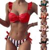 Women 2Pcs Summer Beach Bathing Suit Bowknot Ruffle Sleeve Crop Tops Striped Print Swimsuit Bikini Sets 2 Piece Ruffled V Neck Bathing Suits Summer Swimwear by Stevvex